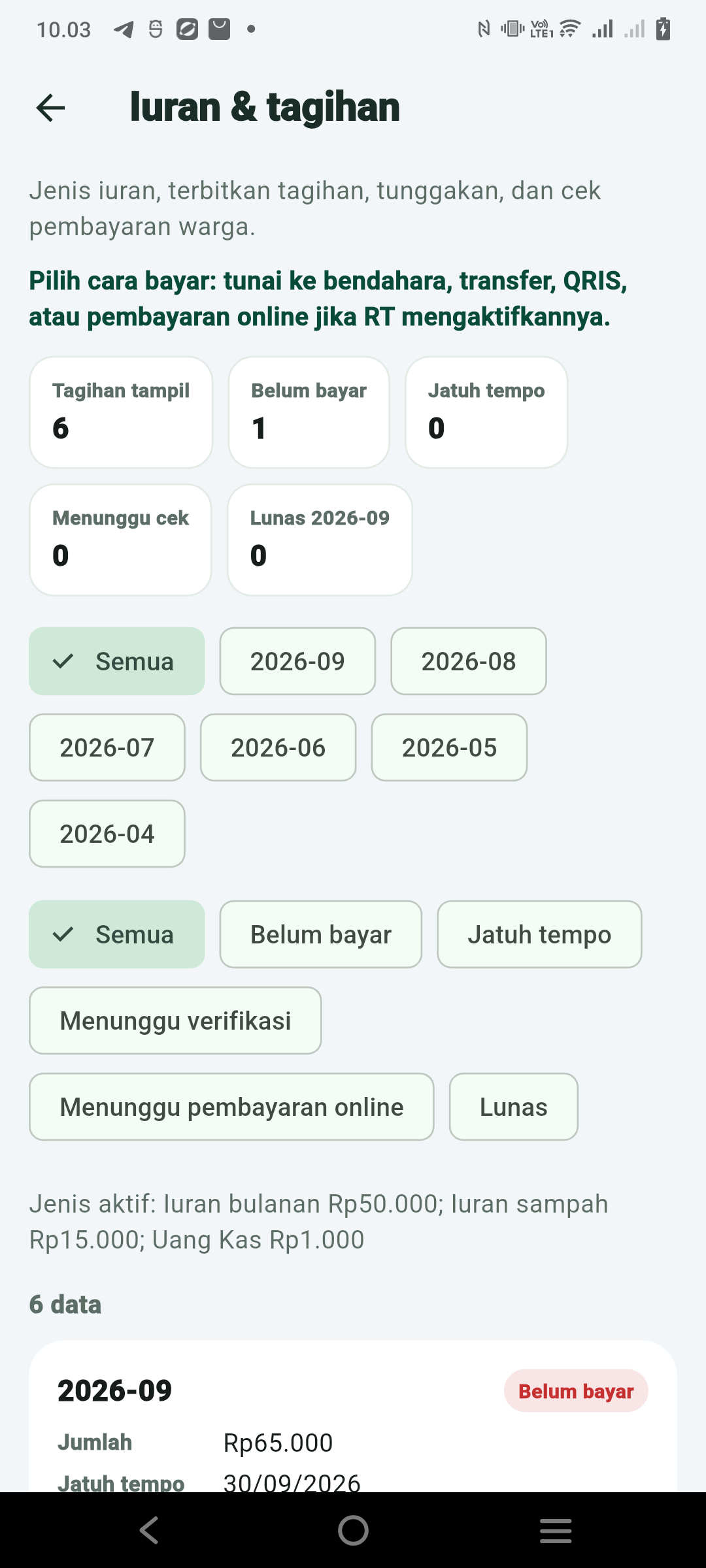 Halaman iuran APK KitaWarga: status tagihan dan pembayaran online