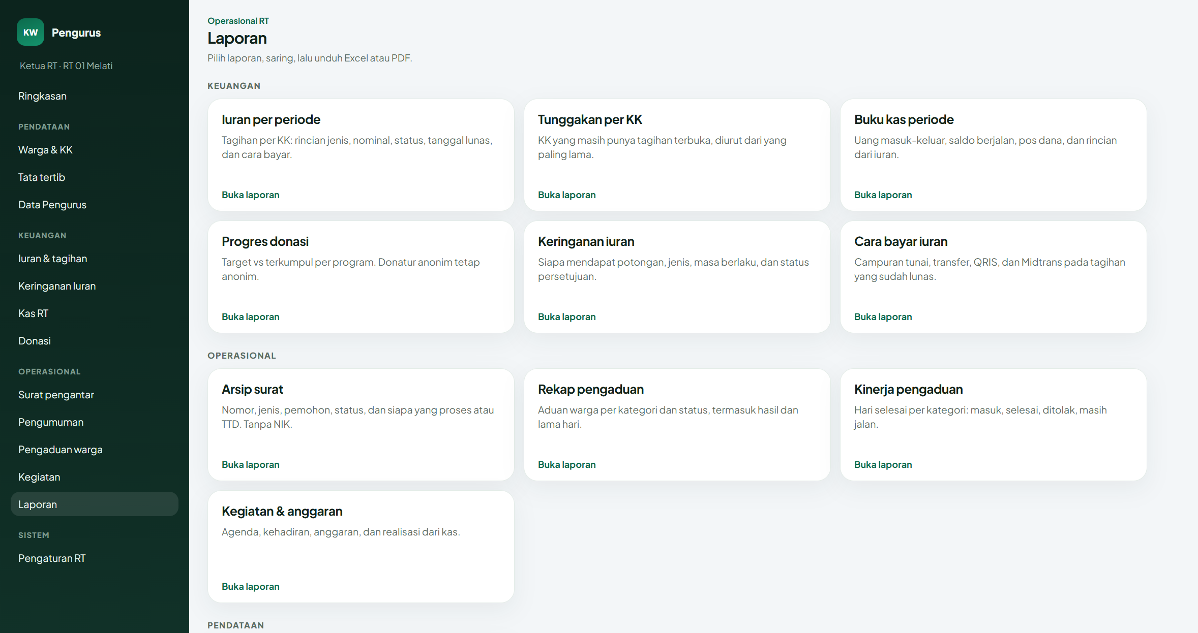Katalog laporan rekap KitaWarga yang bisa diekspor Excel dan PDF